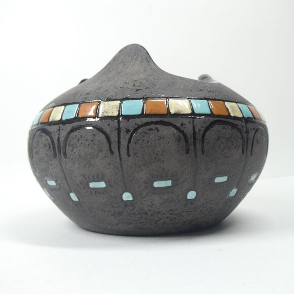 Black Ceramic Bowl Pot w/Blue Squares Geometric Signed Vtg MCM Blackware Native? - Picture 11 of 16